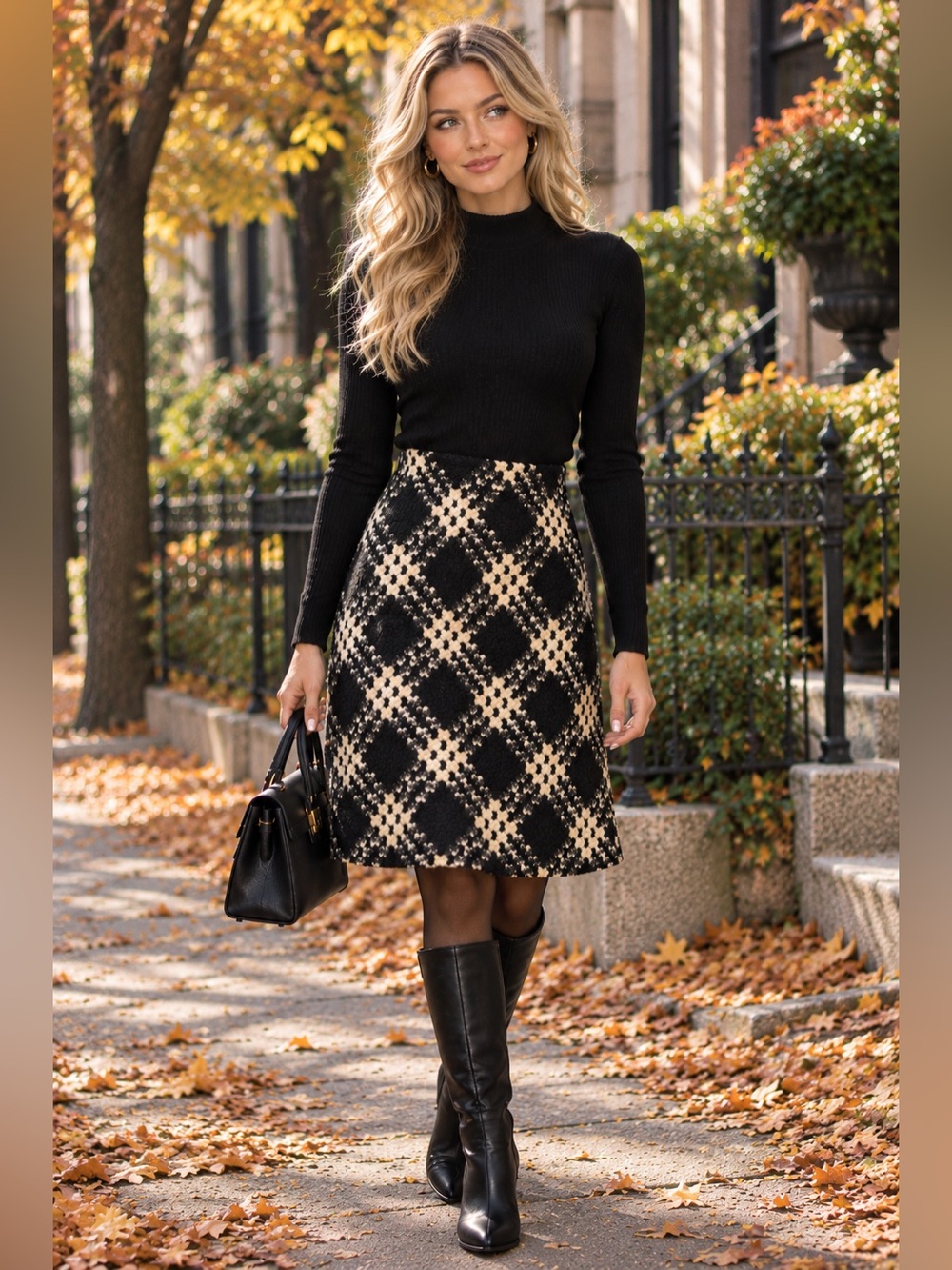 🍃EXPRESS Black & Cream Plaid Lined A-Line Lambswool Skirt
